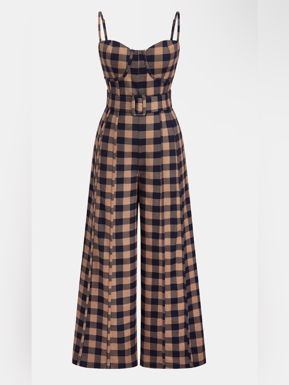 Commense Plaid Belted Wide-Leg Cami Jumpsuit